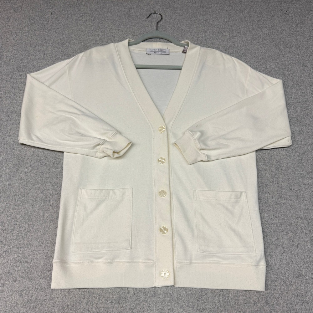 Karen Scott Cardigan Petite Medium PM Cream Ivory Cotton Blend V-Neck Pockets